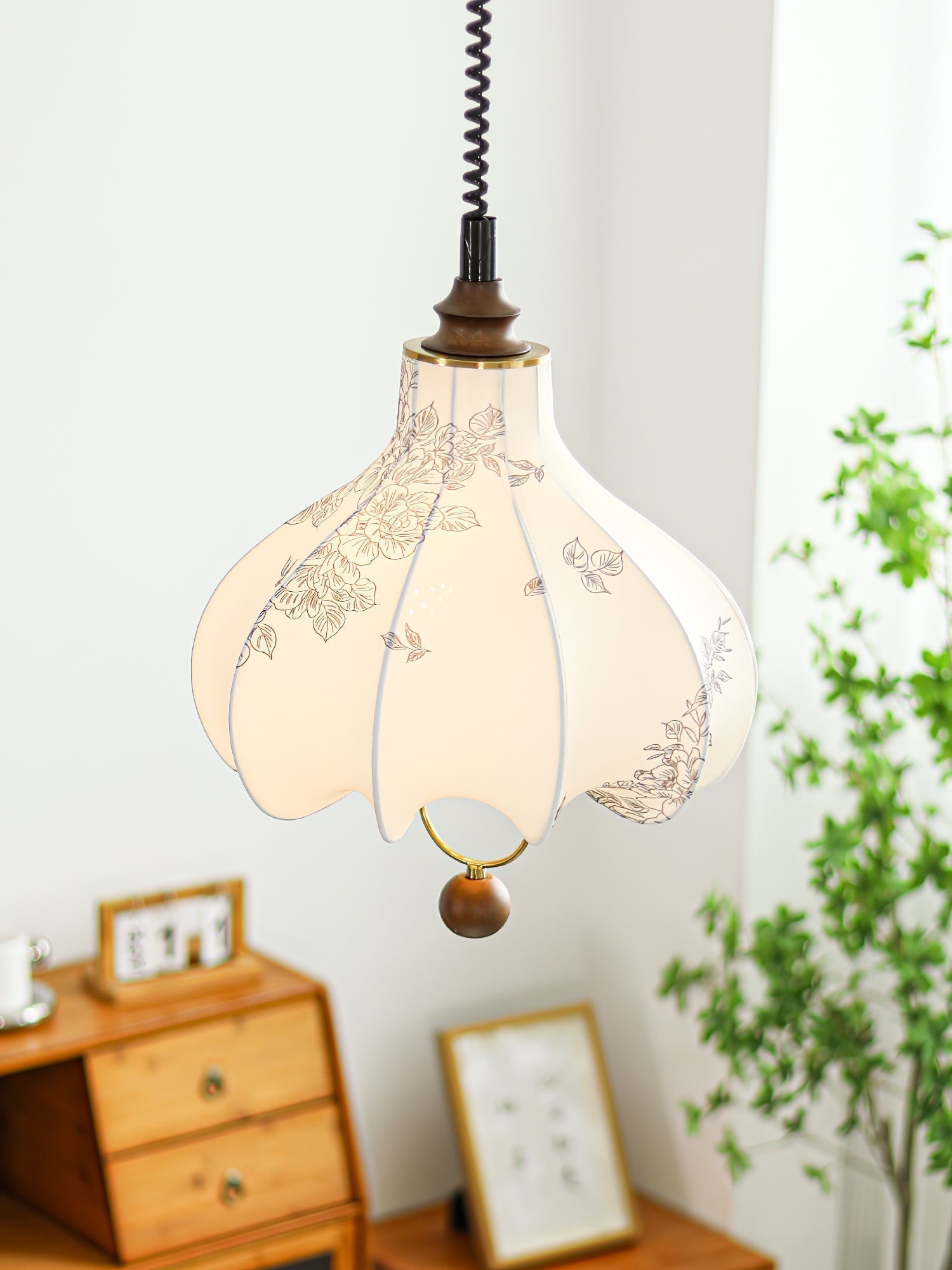 Vintage Floral Pear Shaped Fabric Pendant Light with Walnut Wood Accents