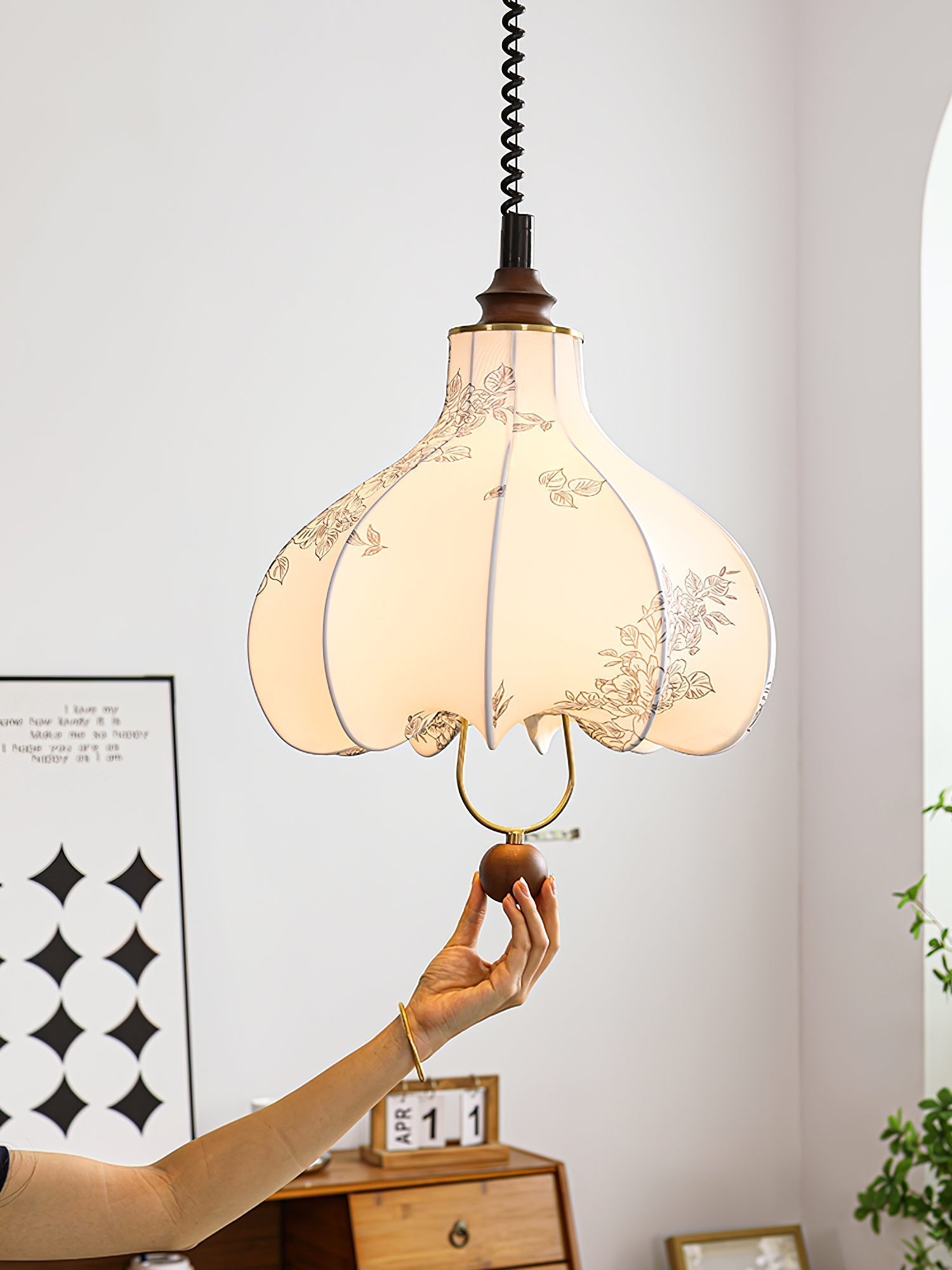 Vintage Floral Pear Shaped Fabric Pendant Light with Walnut Wood Accents