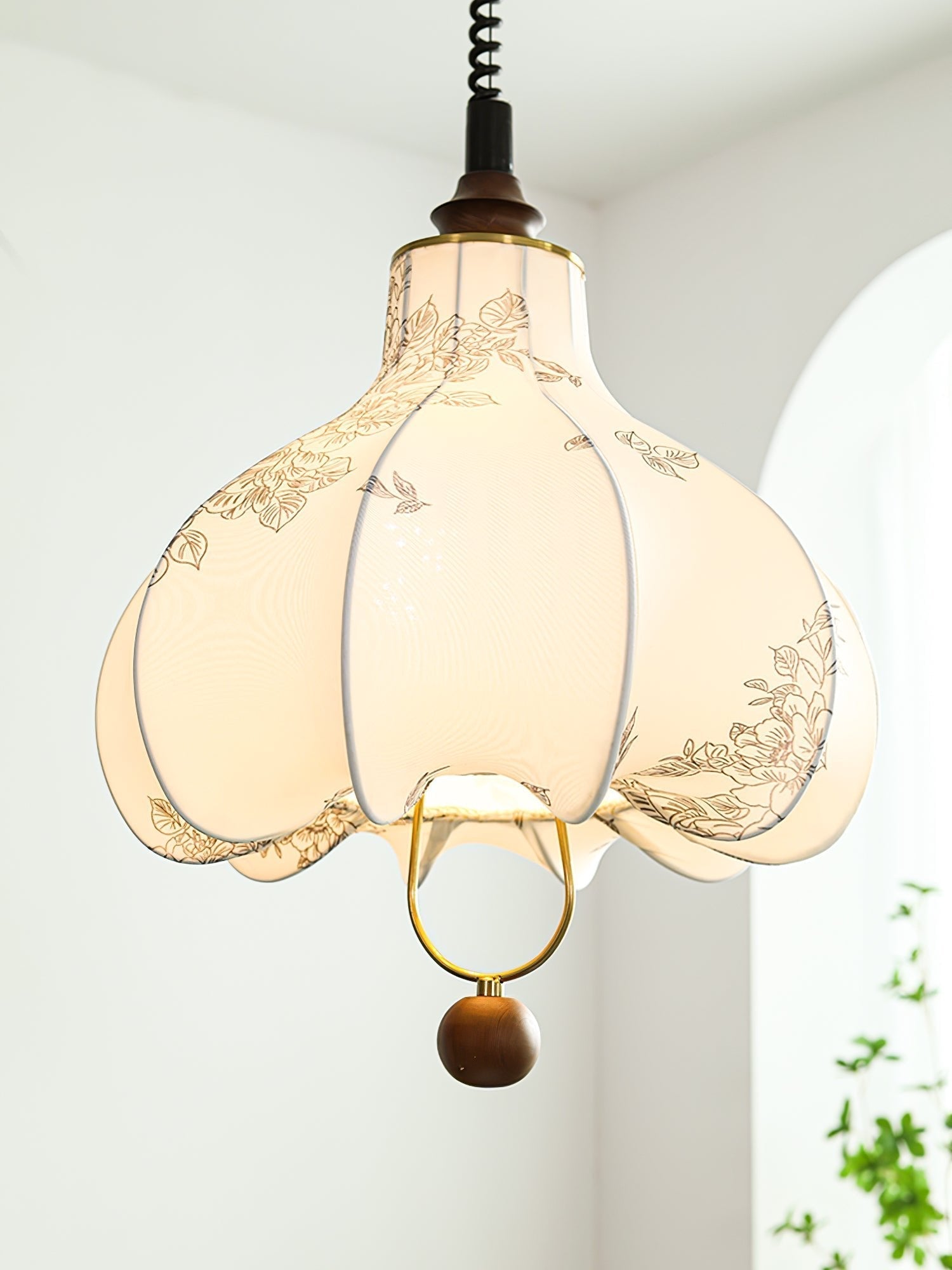 Vintage Floral Pear Shaped Fabric Pendant Light with Walnut Wood Accents