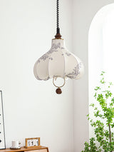 Vintage Floral Pear Shaped Fabric Pendant Light with Walnut Wood Accents