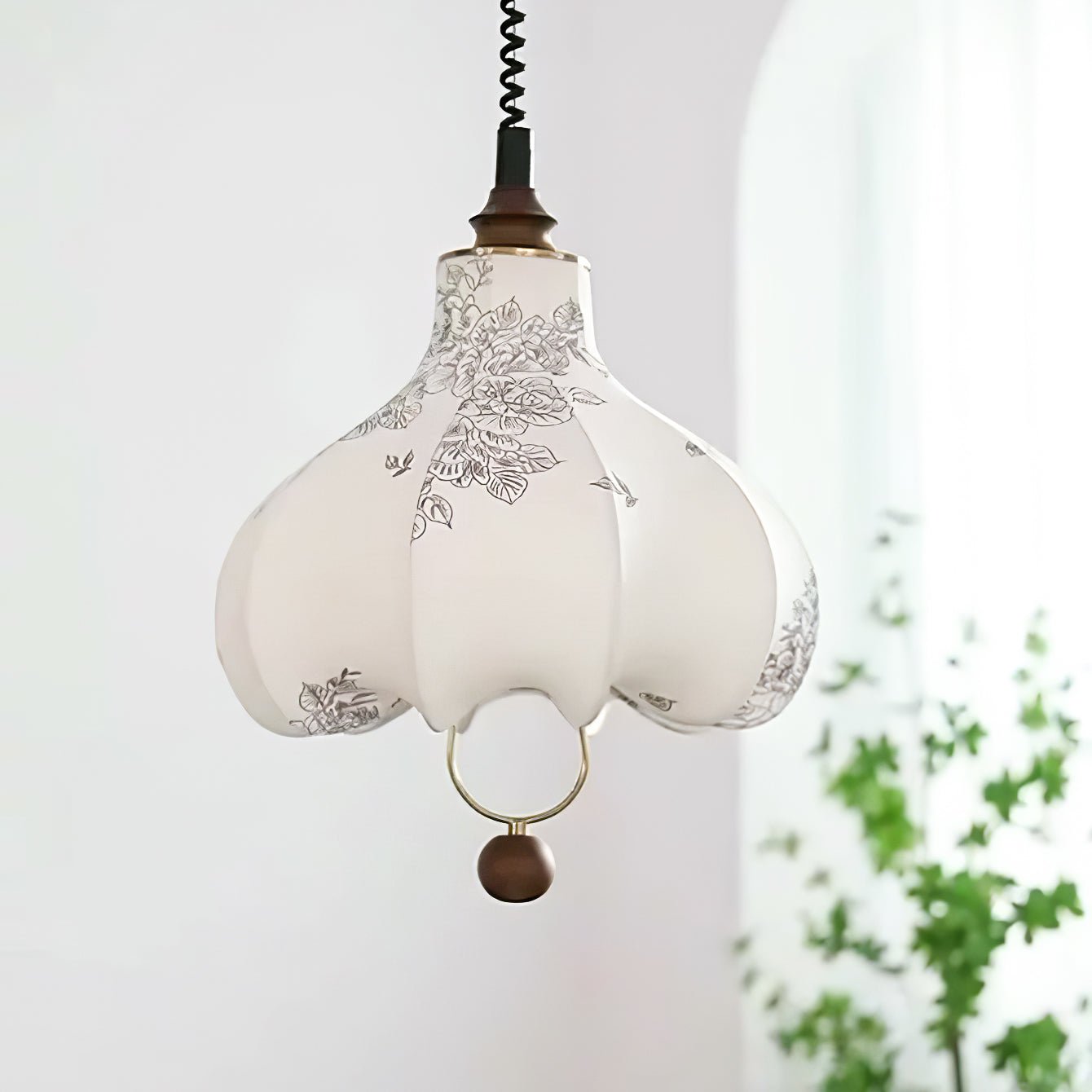 Vintage Floral Pear Shaped Fabric Pendant Light with Walnut Wood Accents