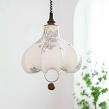 Vintage Floral Pear Shaped Fabric Pendant Light with Walnut Wood Accents