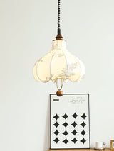 Vintage Floral Pear Shaped Fabric Pendant Light with Walnut Wood Accents