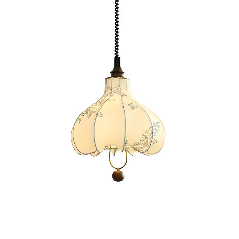 Vintage Floral Pear Shaped Fabric Pendant Light with Walnut Wood Accents