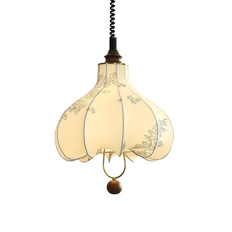 Vintage Floral Pear Shaped Fabric Pendant Light with Walnut Wood Accents