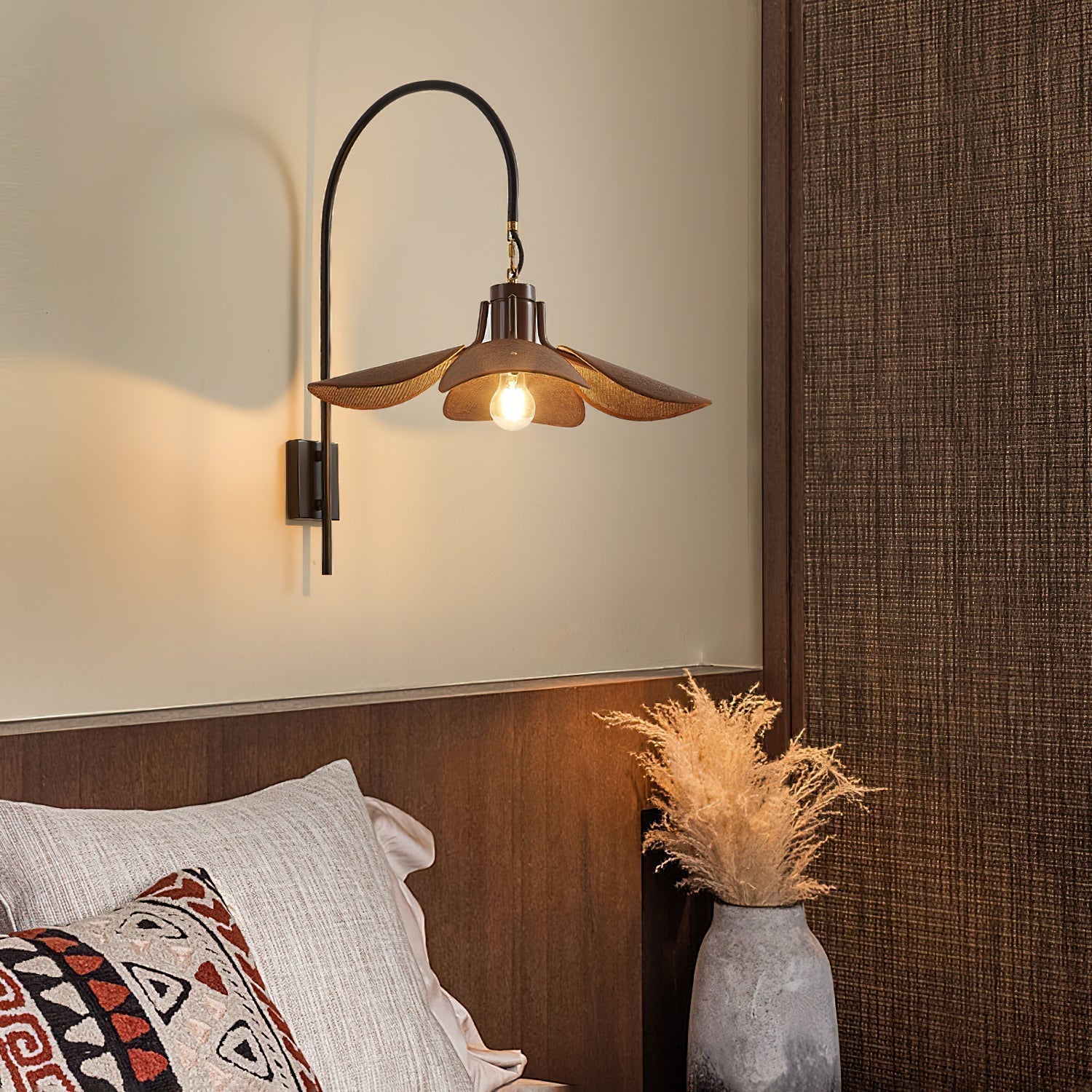 Vintage Floral Petal Bloom Wall Sconce with Linen Shade and Elegant Wood Accents for Indoor Lighting