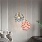 Vintage Flower Glass Pendant Light Ornate Copper Hanging Lamp for Kitchen and Dining Room