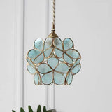Vintage Flower Glass Pendant Light Ornate Copper Hanging Lamp for Kitchen and Dining Room