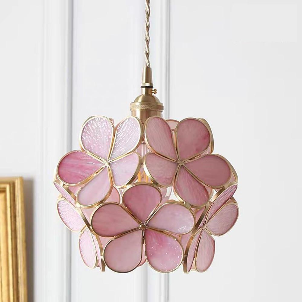 Vintage Flower Glass Pendant Light Ornate Copper Hanging Lamp for Kitchen and Dining Room