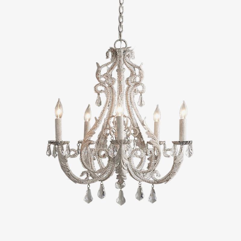Vintage French Country Crown Chandelier with Crystal Beads and Metal Candle Holders
