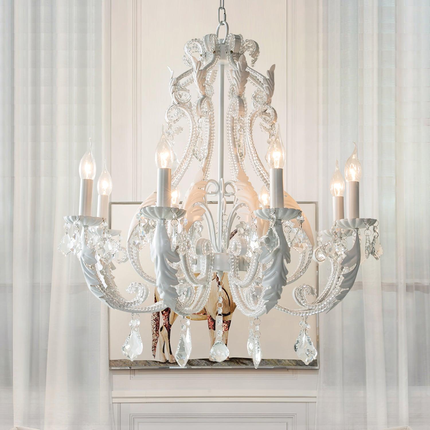 Vintage French Country Crown Chandelier with Crystal Beads and Metal Candle Holders