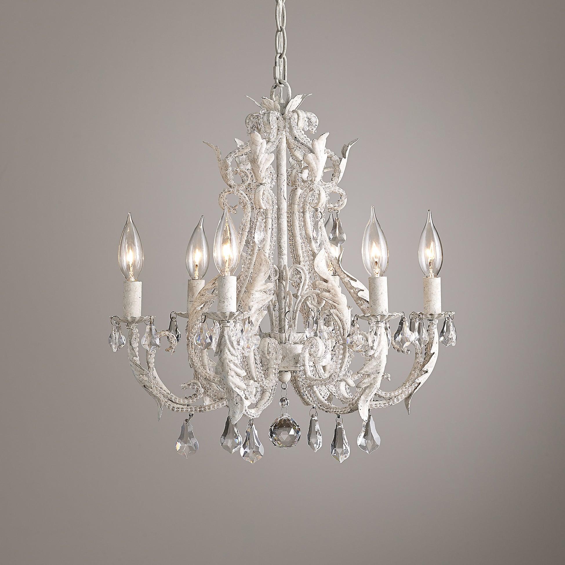 Vintage French Country Crown Chandelier with Crystal Beads and Metal Candle Holders