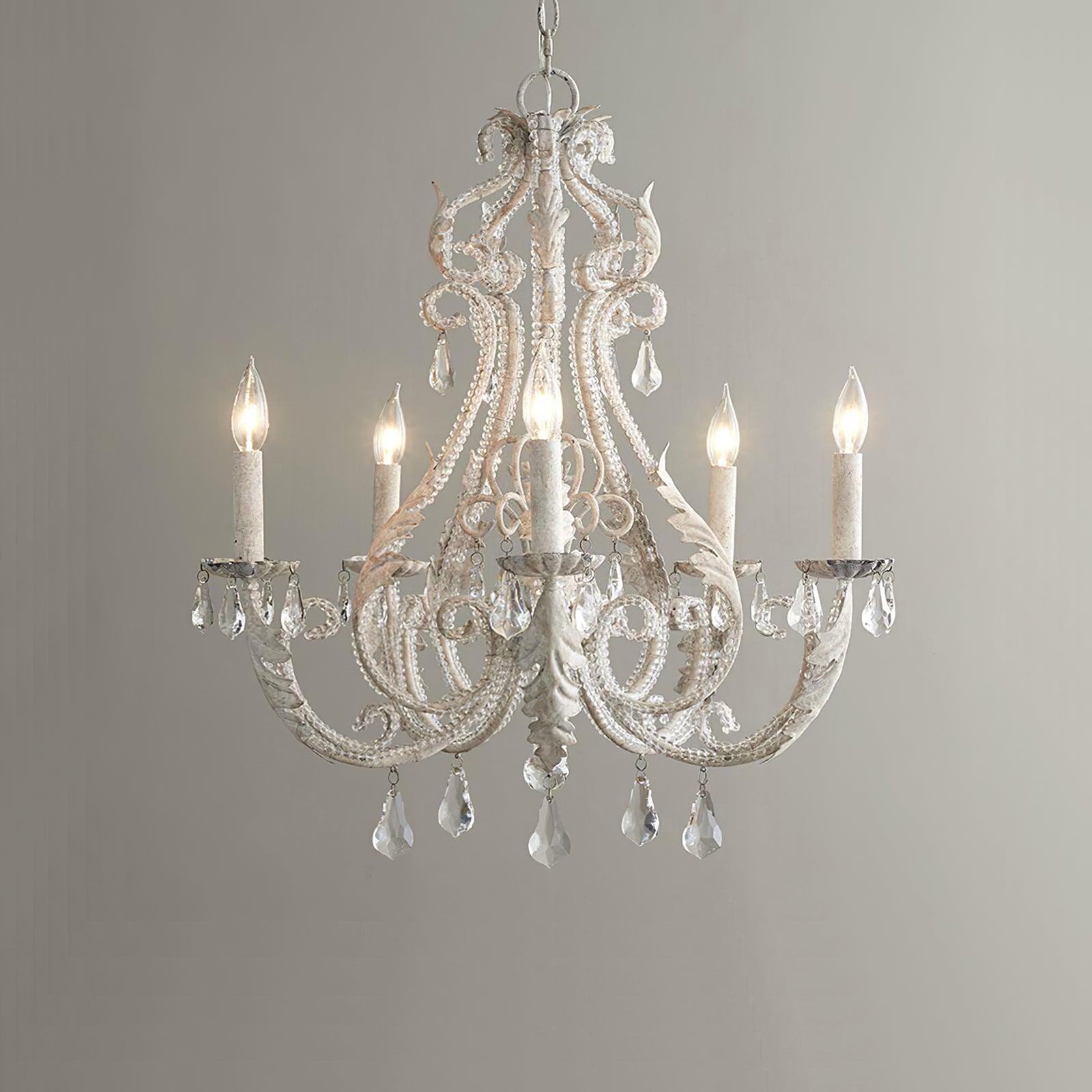 Vintage French Country Crown Chandelier with Crystal Beads and Metal Candle Holders