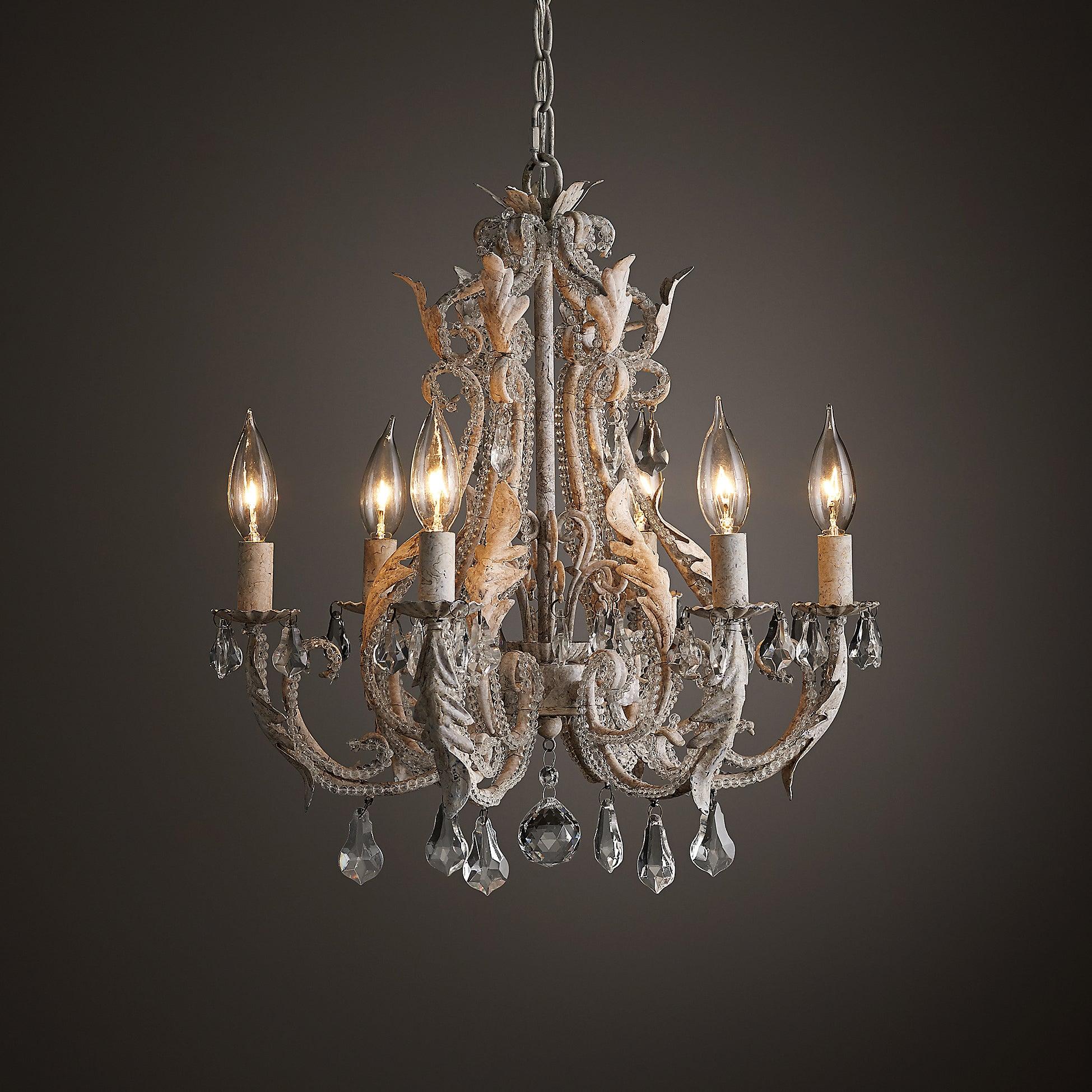 Vintage French Country Crown Chandelier with Crystal Beads and Metal Candle Holders