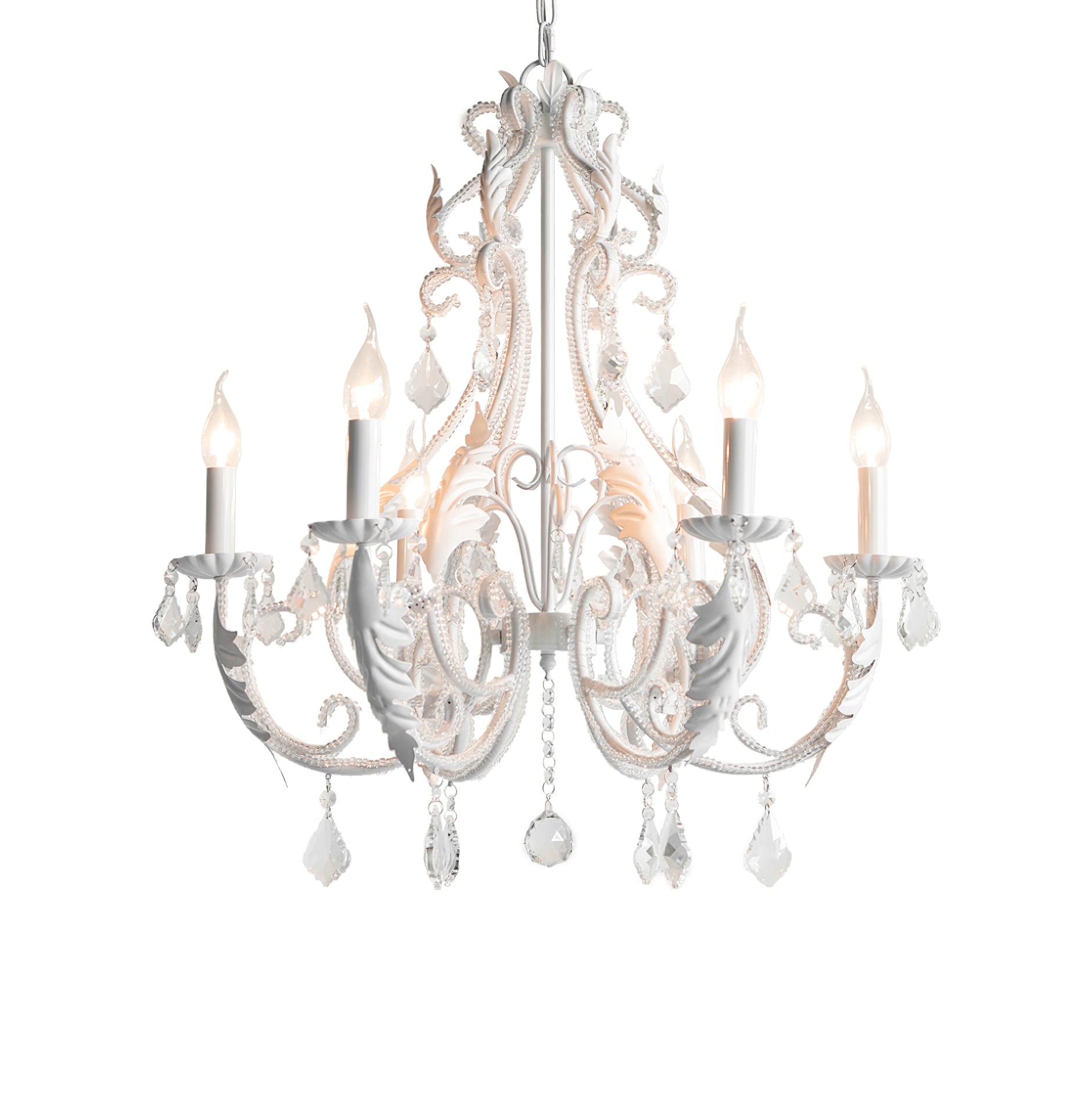 Vintage French Country Crown Chandelier with Crystal Beads and Metal Candle Holders