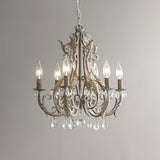 Vintage French Country Crown Chandelier with Crystal Beads and Metal Candle Holders