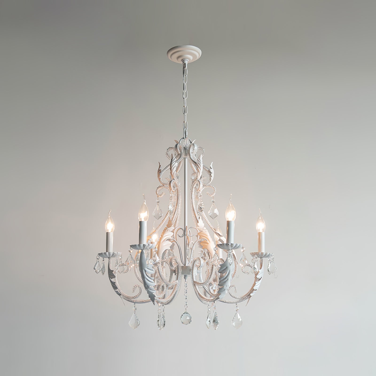 Vintage French Country Crown Chandelier with Crystal Beads and Metal Candle Holders
