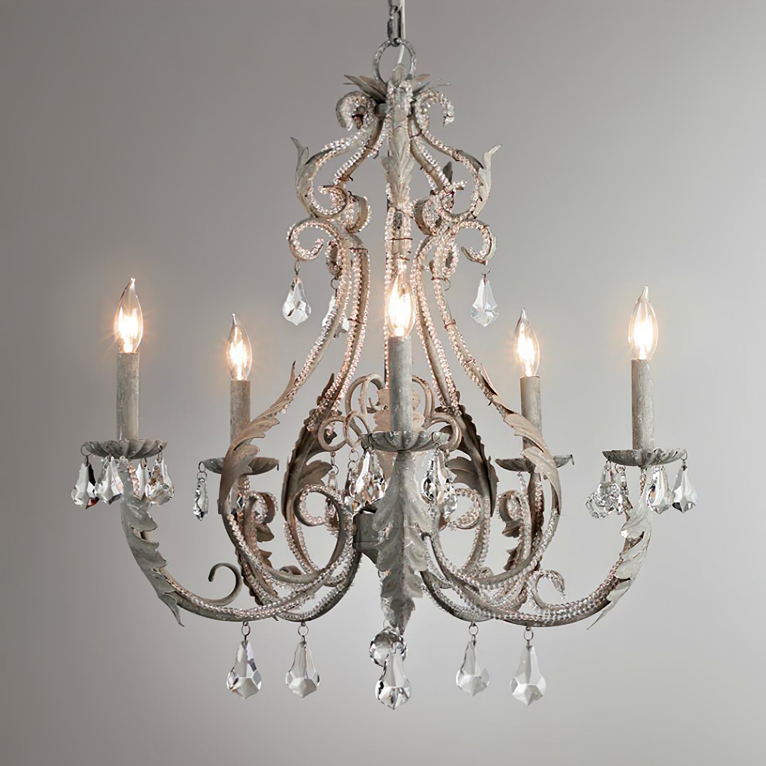 Vintage French Country Crown Chandelier with Crystal Beads and Metal Candle Holders