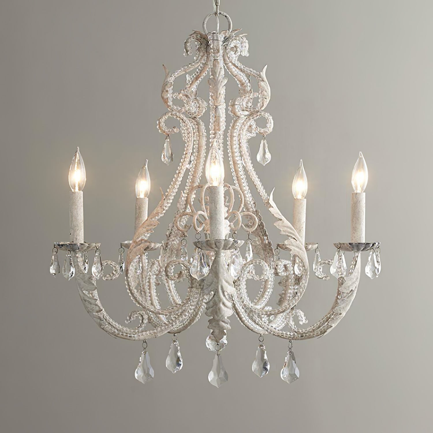 Vintage French Country Crown Chandelier with Crystal Beads and Metal Candle Holders