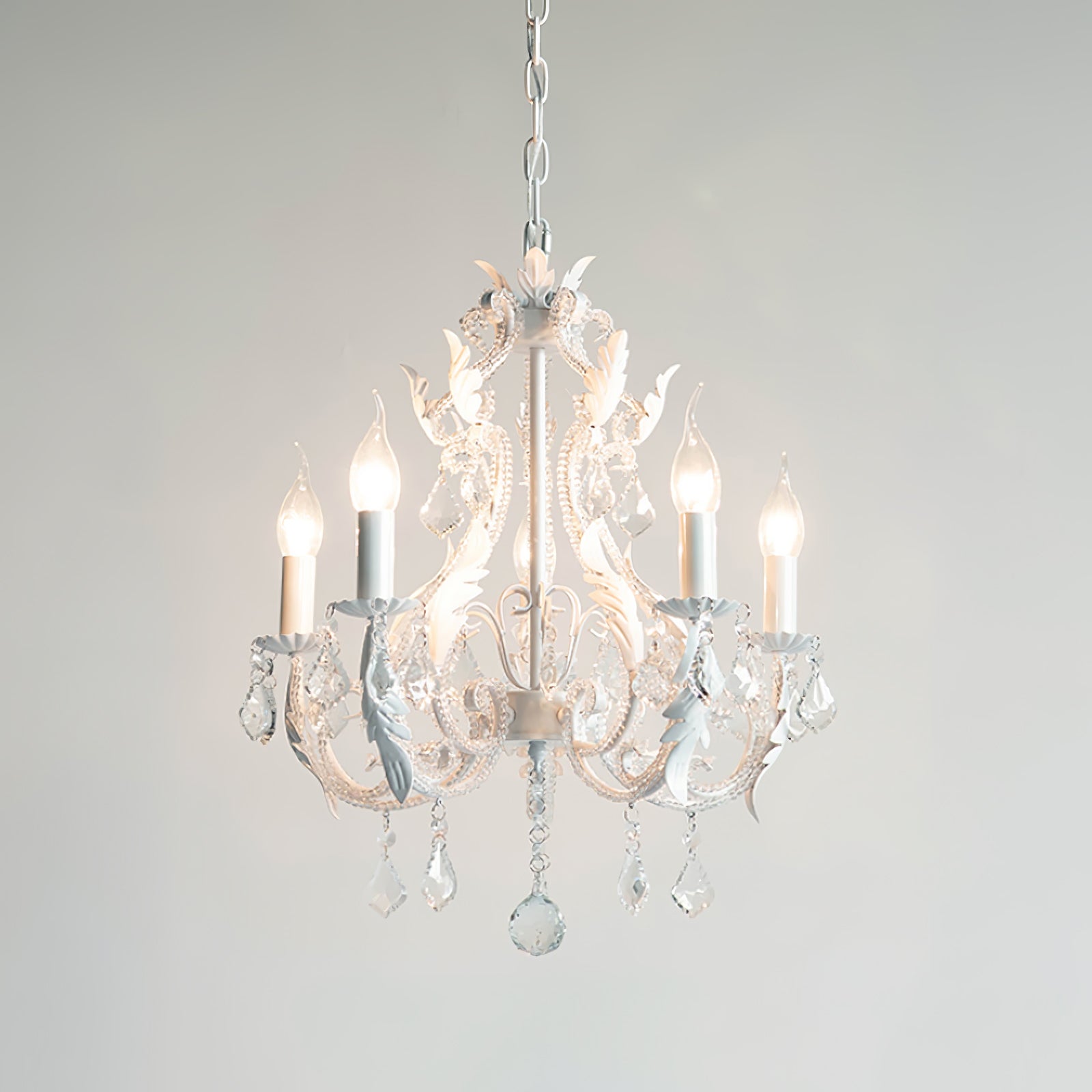 Vintage French Country Crown Chandelier with Crystal Beads and Metal Candle Holders