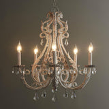 Vintage French Country Crown Chandelier with Crystal Beads and Metal Candle Holders
