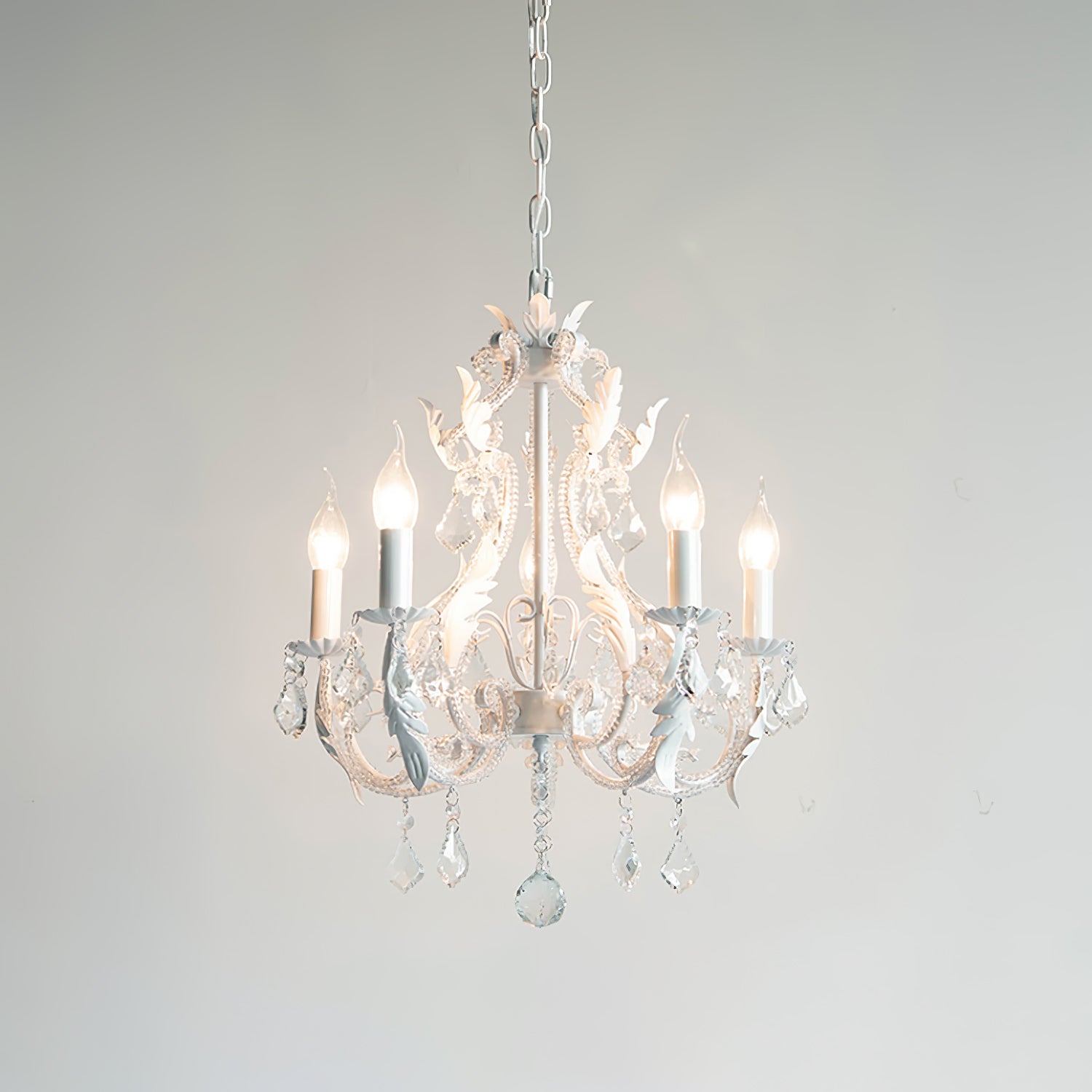 Vintage French Country Crown Chandelier with Crystal Beads and Metal Candle Holders