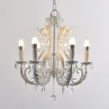 Vintage French Country Crown Chandelier with Crystal Beads and Metal Candle Holders