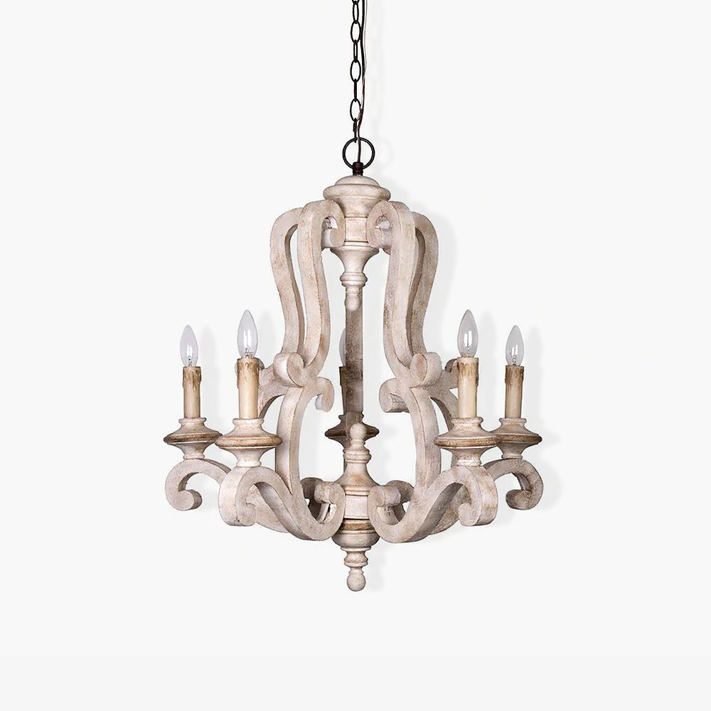 Vintage French Country Distressed Wood Candle Chandelier Antique White Farmhouse Ceiling Light