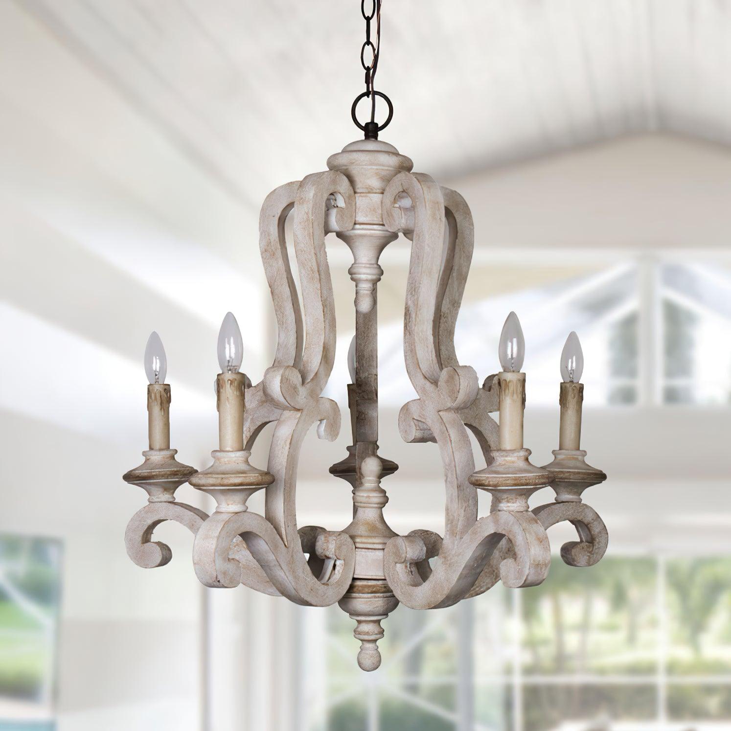 Vintage French Country Distressed Wood Candle Chandelier Antique White Farmhouse Ceiling Light