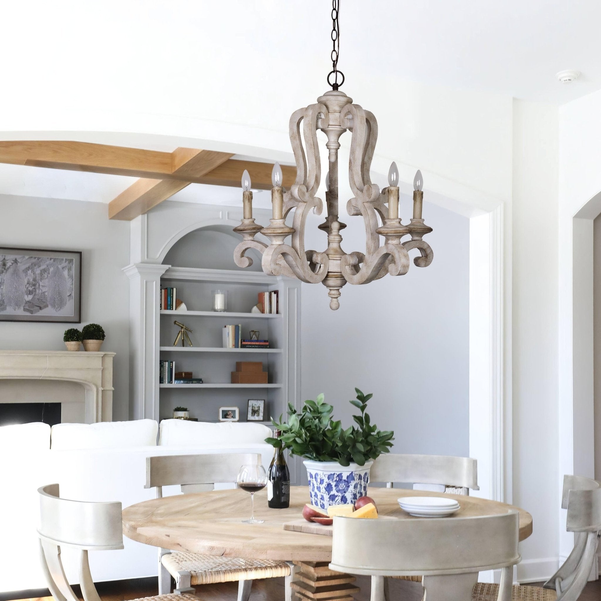 Vintage French Country Distressed Wood Candle Chandelier Antique White Farmhouse Ceiling Light