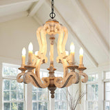 Vintage French Country Distressed Wood Candle Chandelier Antique White Farmhouse Ceiling Light