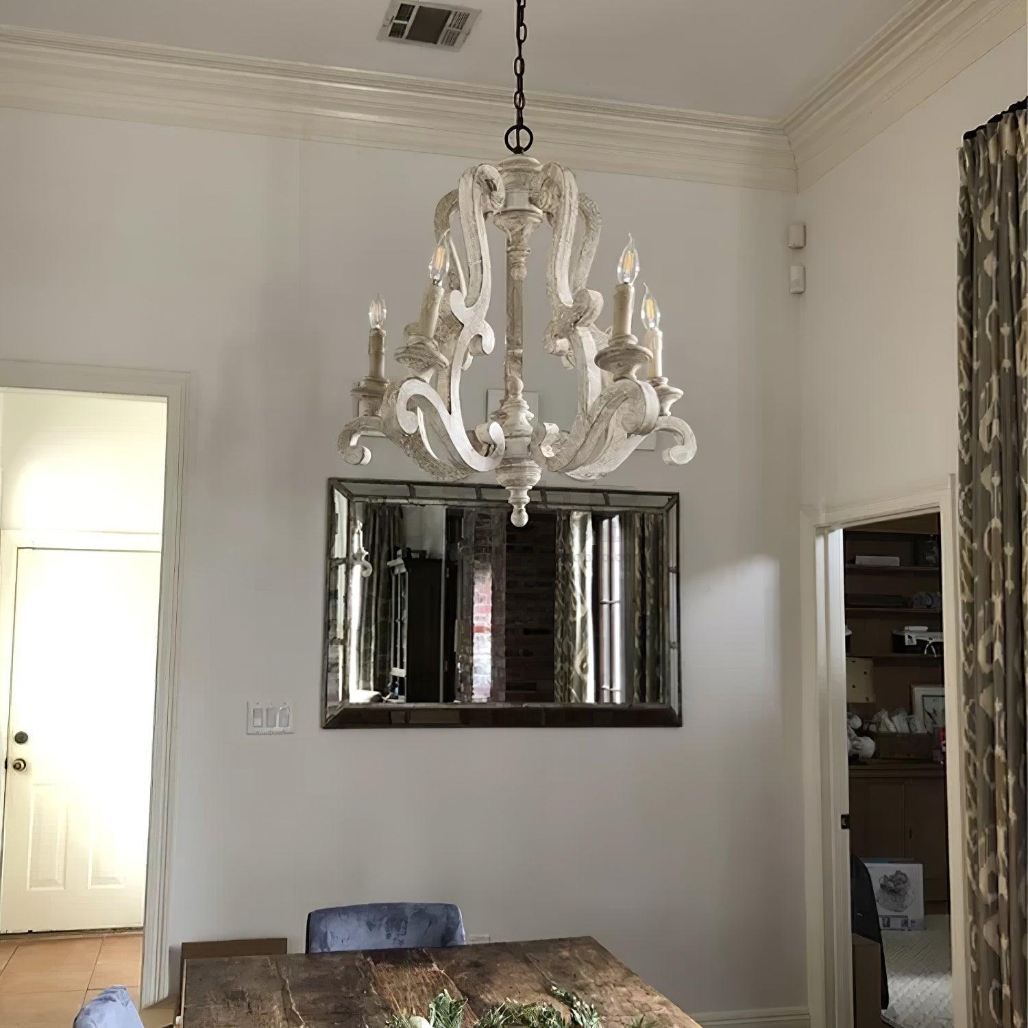 Vintage French Country Distressed Wood Candle Chandelier Antique White Farmhouse Ceiling Light