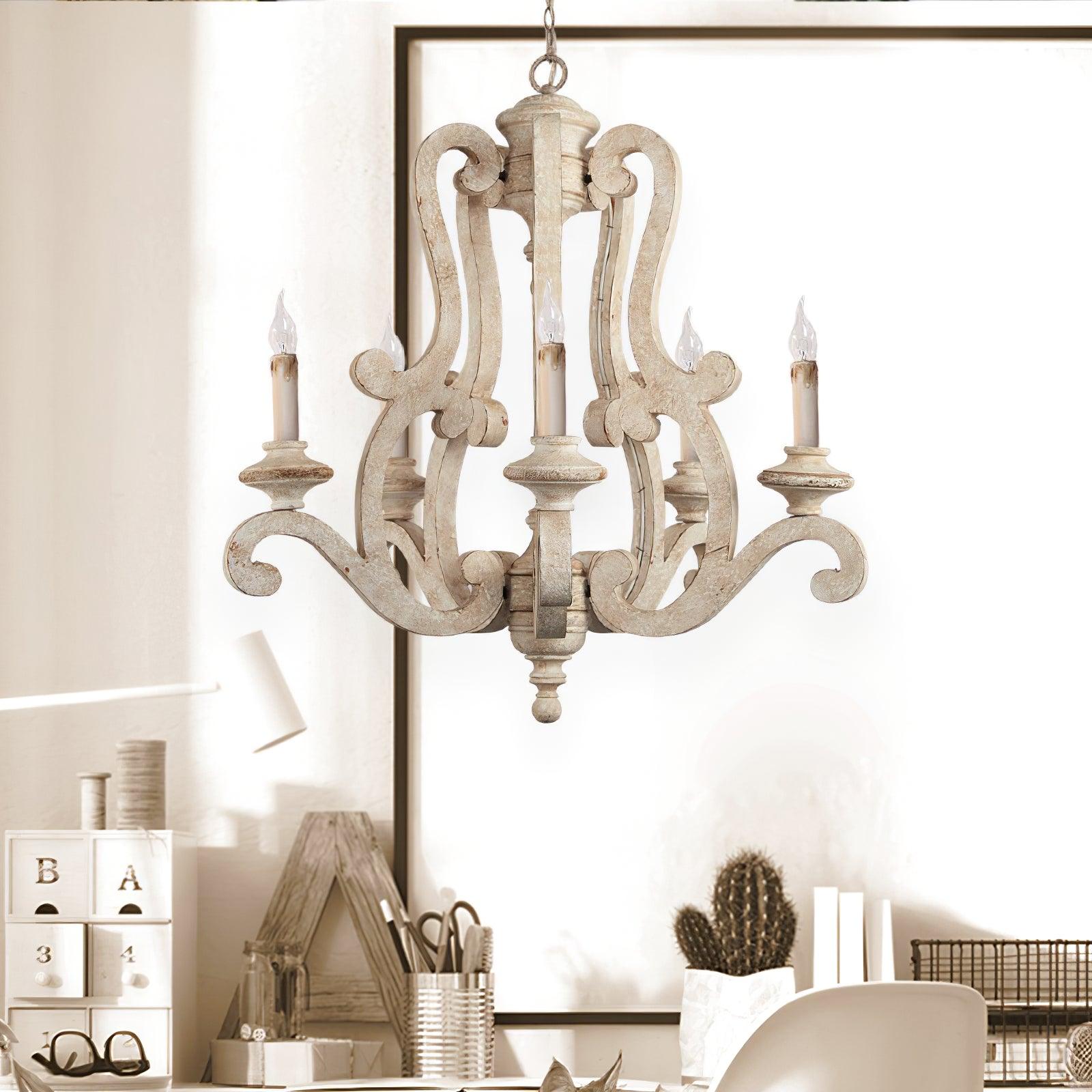 Vintage French Country Distressed Wood Candle Chandelier Antique White Farmhouse Ceiling Light