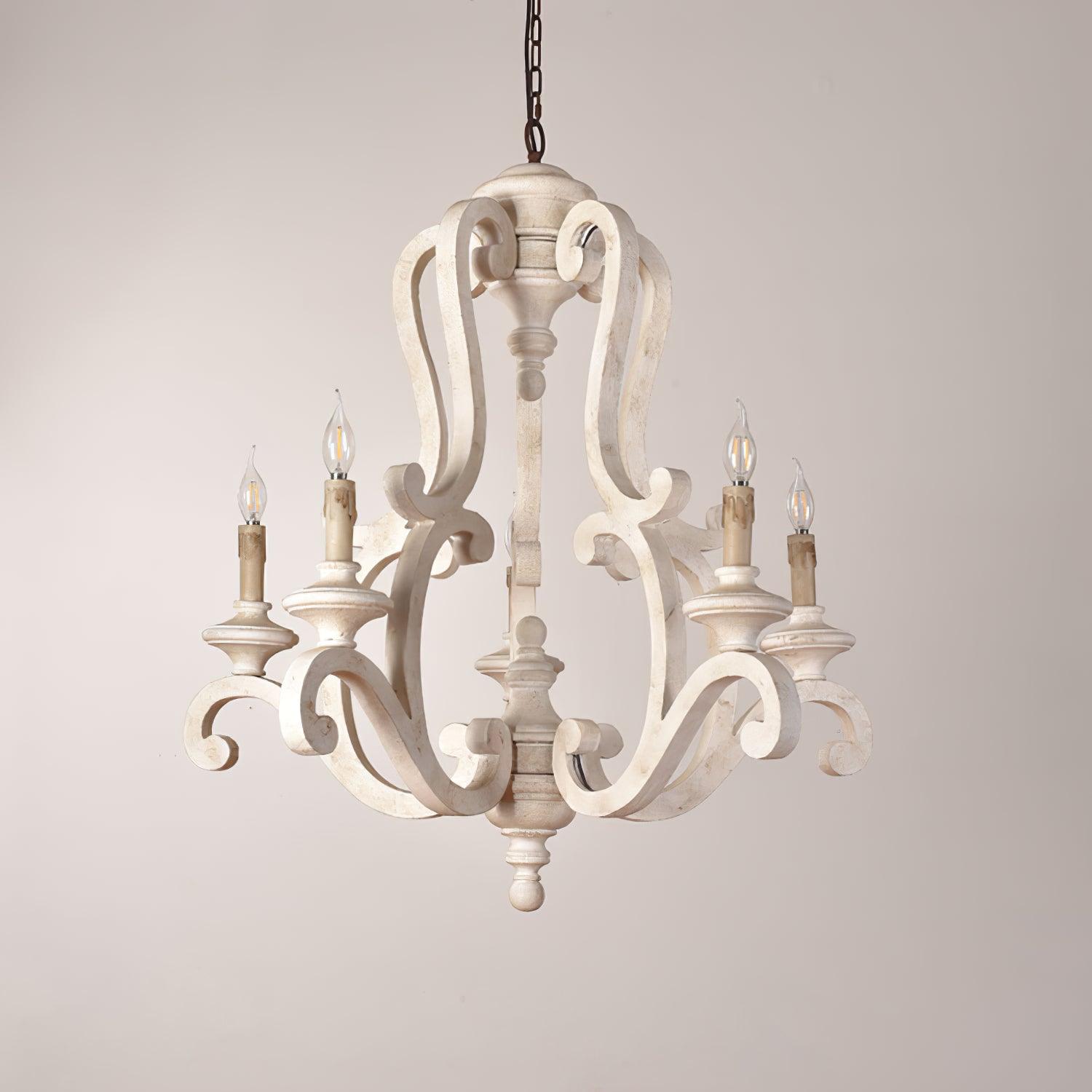 Vintage French Country Distressed Wood Candle Chandelier Antique White Farmhouse Ceiling Light