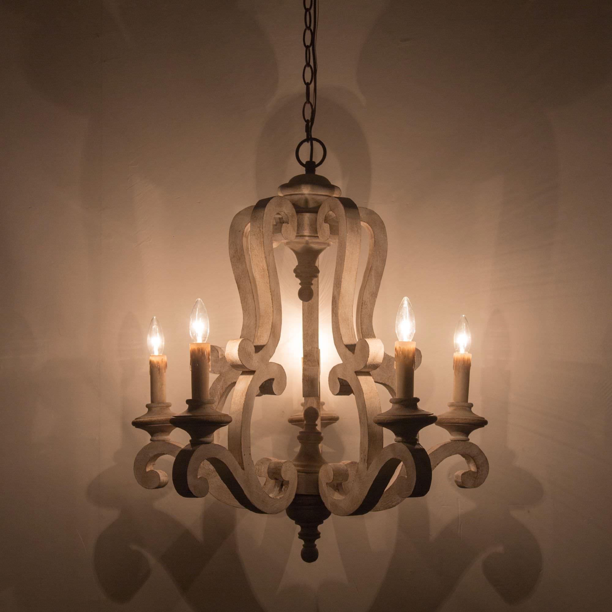 Vintage French Country Distressed Wood Candle Chandelier Antique White Farmhouse Ceiling Light