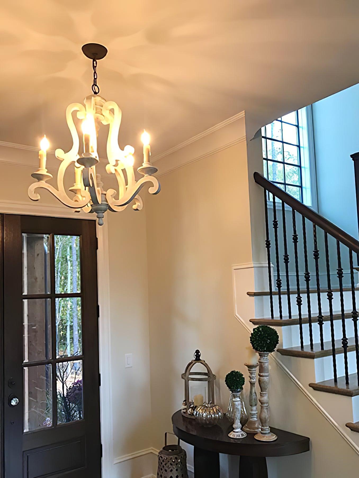 Vintage French Country Distressed Wood Candle Chandelier Antique White Farmhouse Ceiling Light