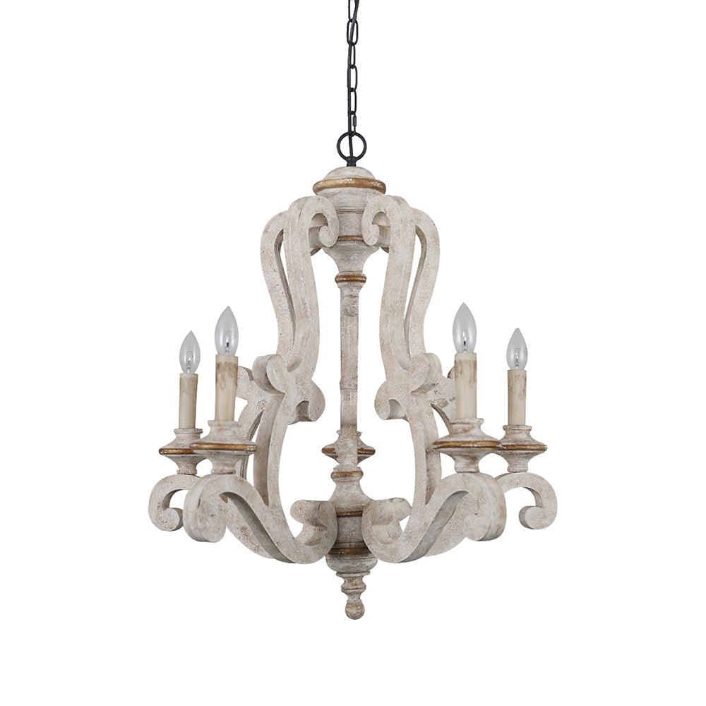 Vintage French Country Distressed Wood Candle Chandelier Antique White Farmhouse Ceiling Light