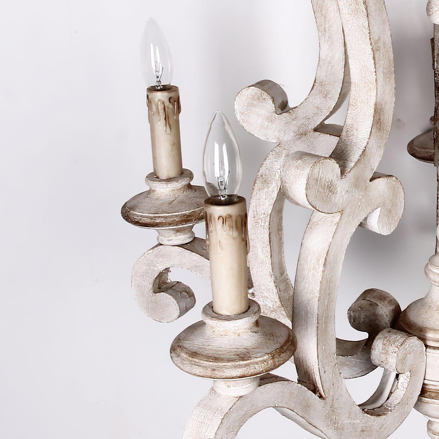 Vintage French Country Distressed Wood Candle Chandelier Antique White Farmhouse Ceiling Light