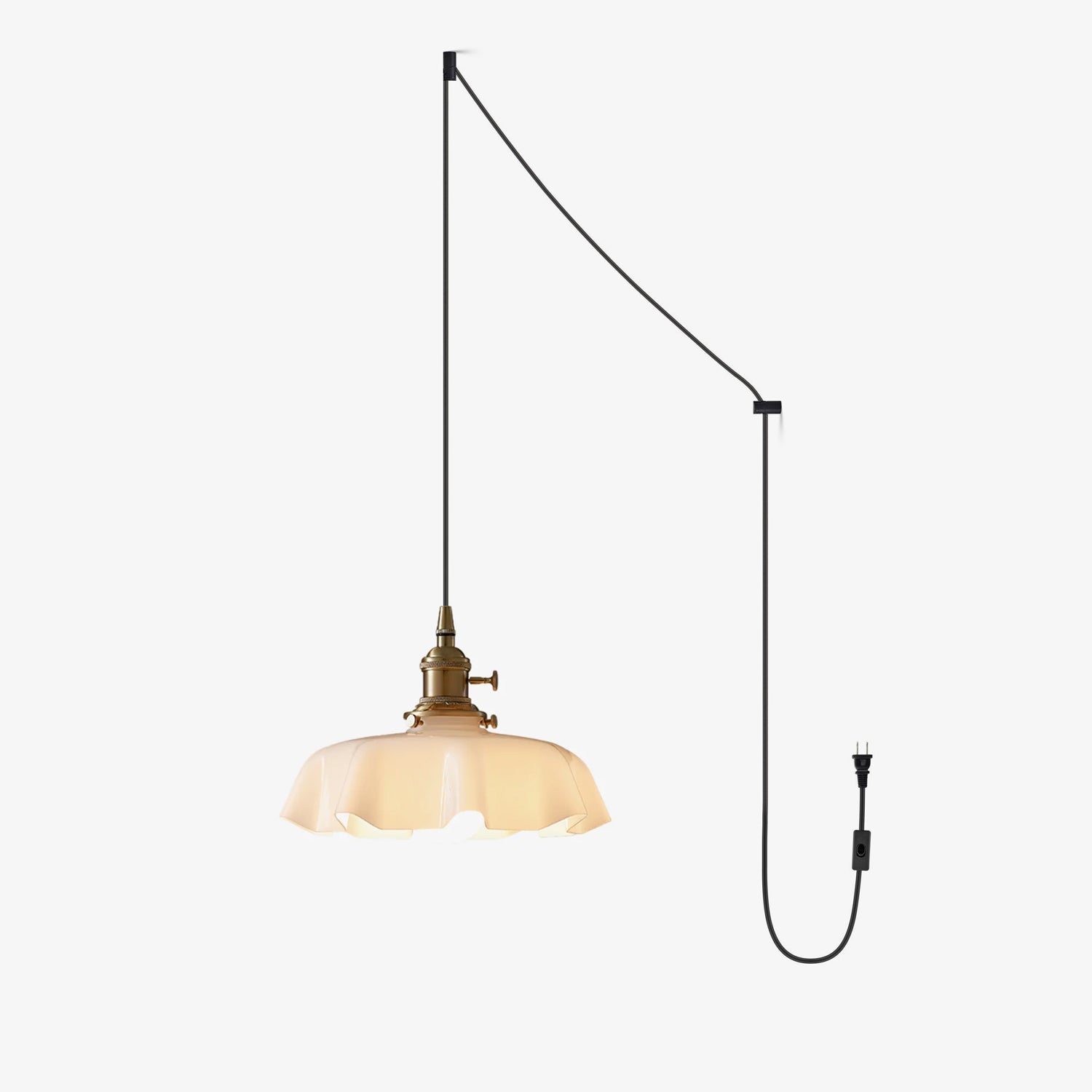 Vintage French Flower Pleated Glass Pendant Swag Light with Brass Hardware and Plug In Cord