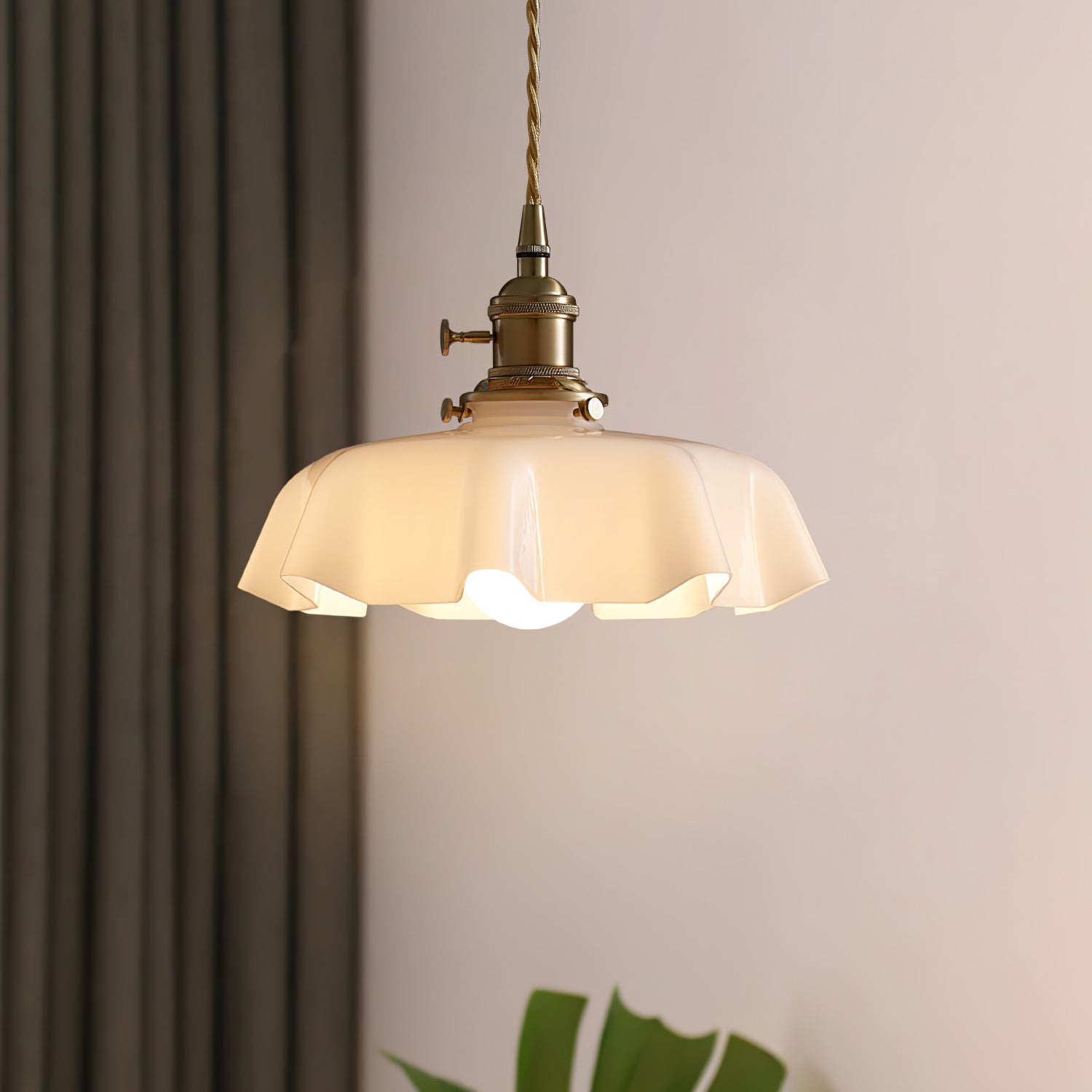 Vintage French Flower Pleated Glass Pendant Swag Light with Brass Hardware and Plug In Cord