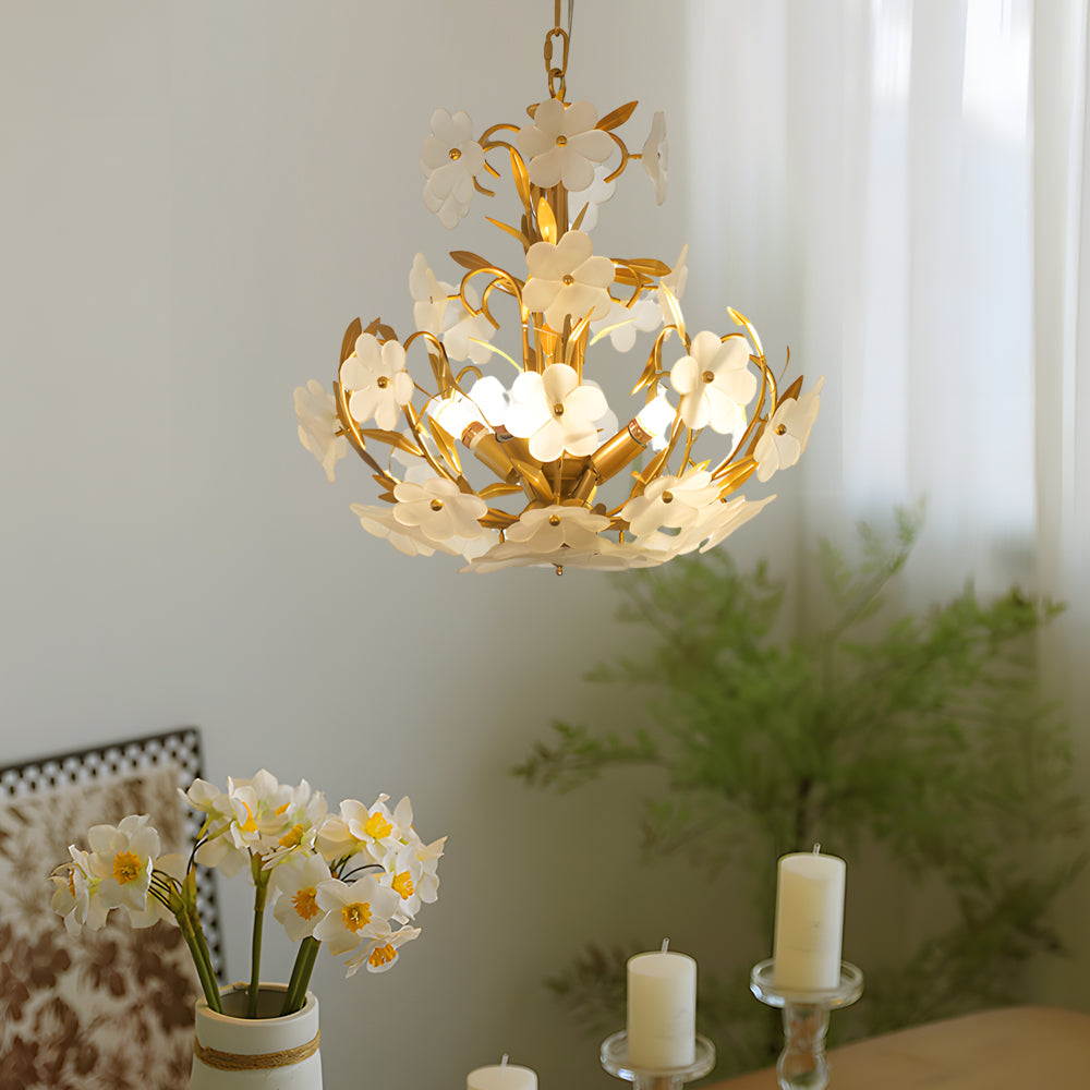 Vintage French Style Glass Flower Branch Chandelier Gold 4 Light Ceiling Fixture