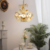 Vintage French Style Glass Flower Branch Chandelier Gold 4 Light Ceiling Fixture