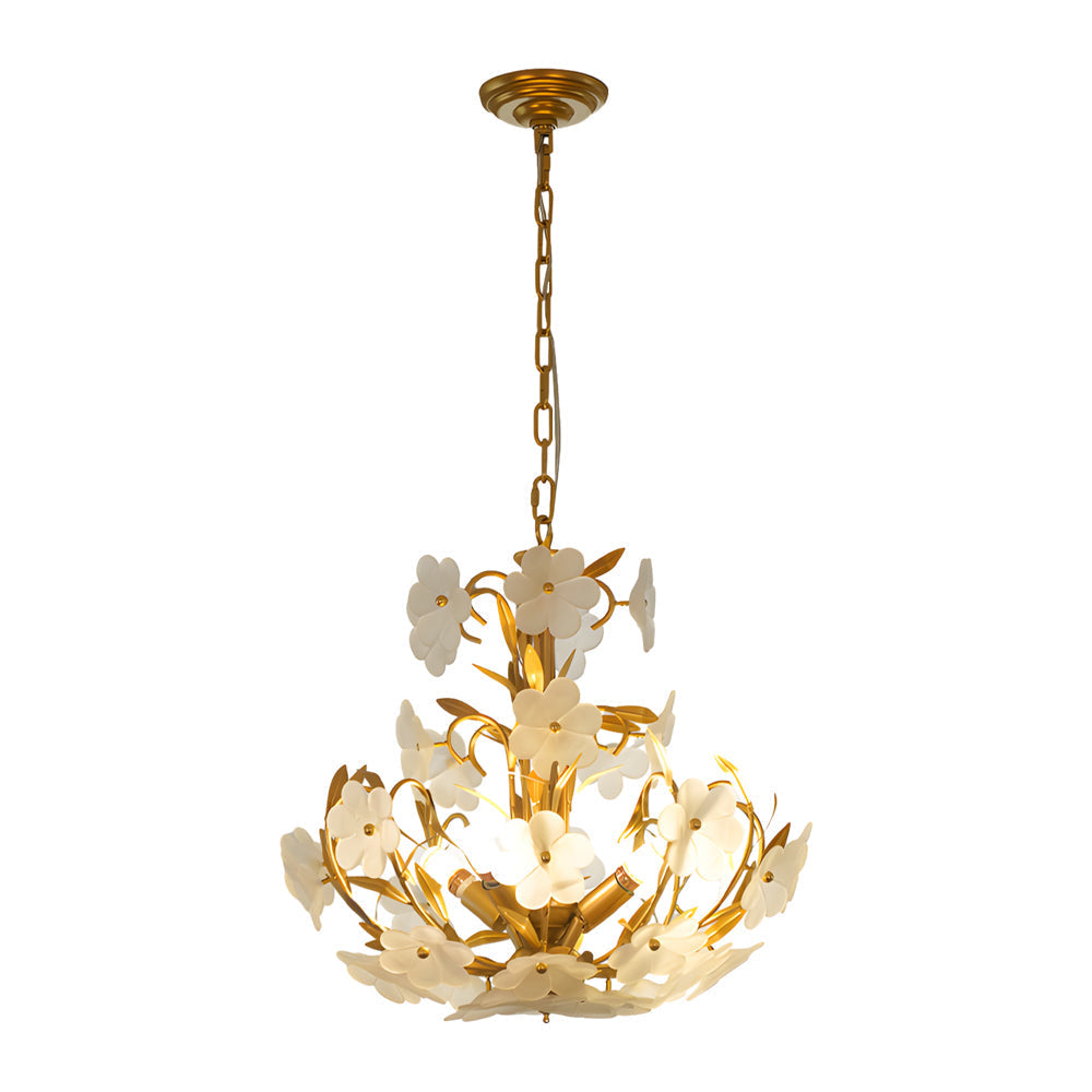 Vintage French Style Glass Flower Branch Chandelier Gold 4 Light Ceiling Fixture
