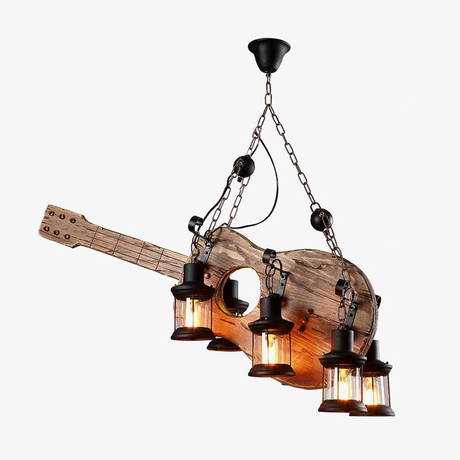 Vintage Guitar Pendant Light Rustic Wood and Glass Ceiling Hanging Lamp