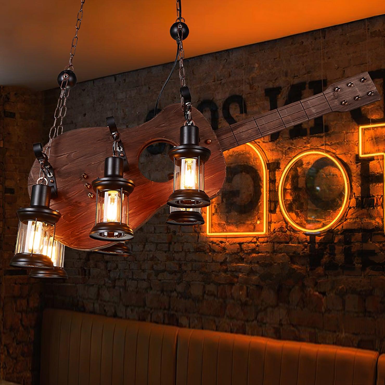 Vintage Guitar Pendant Light Rustic Wood and Glass Ceiling Hanging Lamp