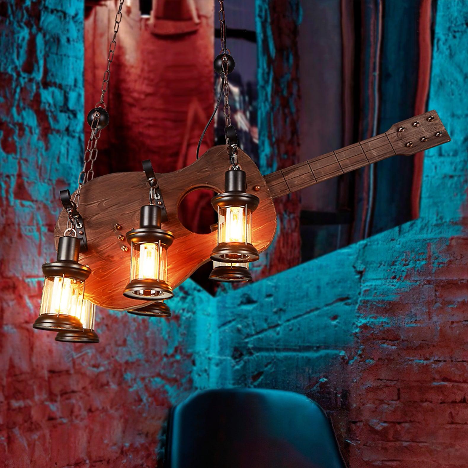 Vintage Guitar Pendant Light Rustic Wood and Glass Ceiling Hanging Lamp