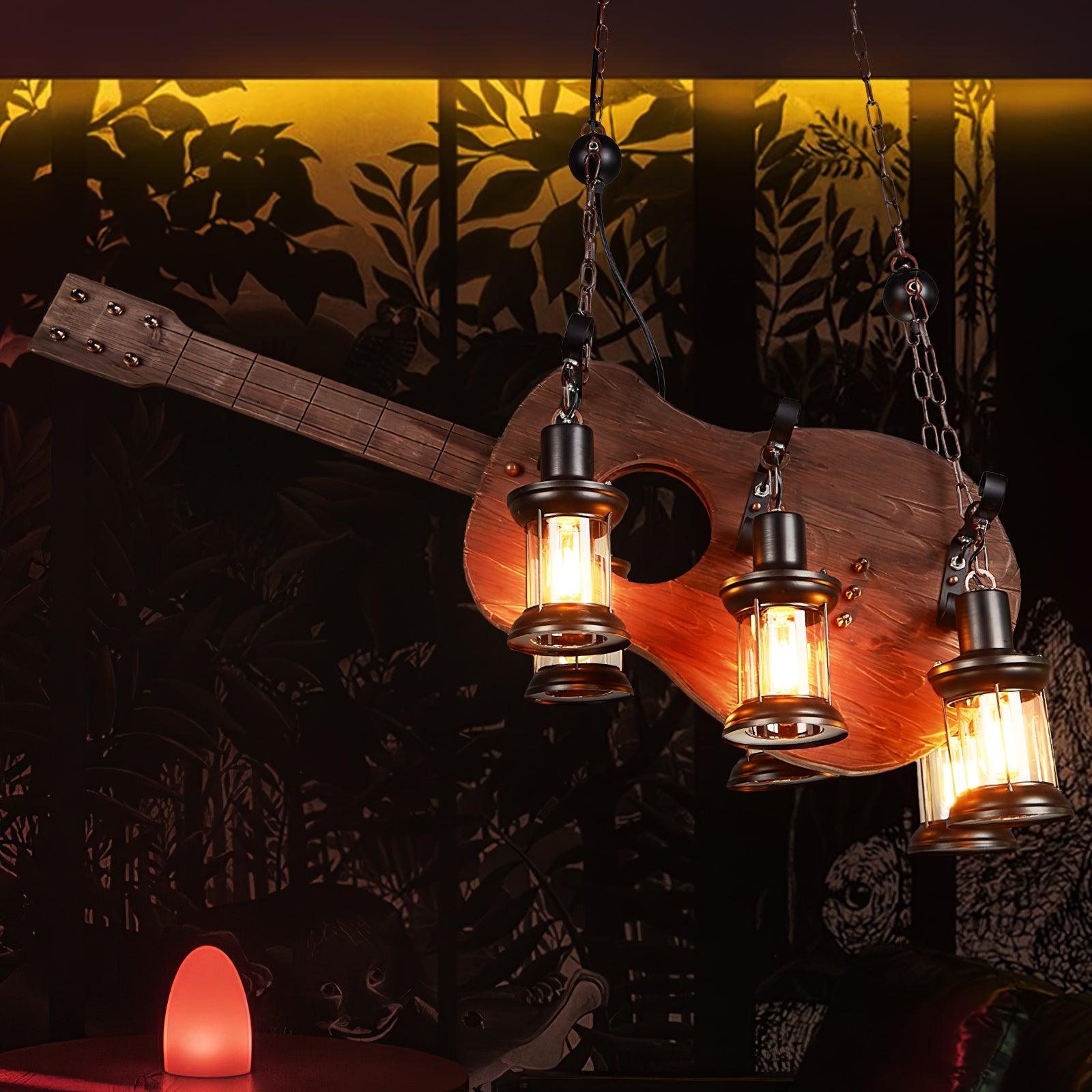 Vintage Guitar Pendant Light Rustic Wood and Glass Ceiling Hanging Lamp