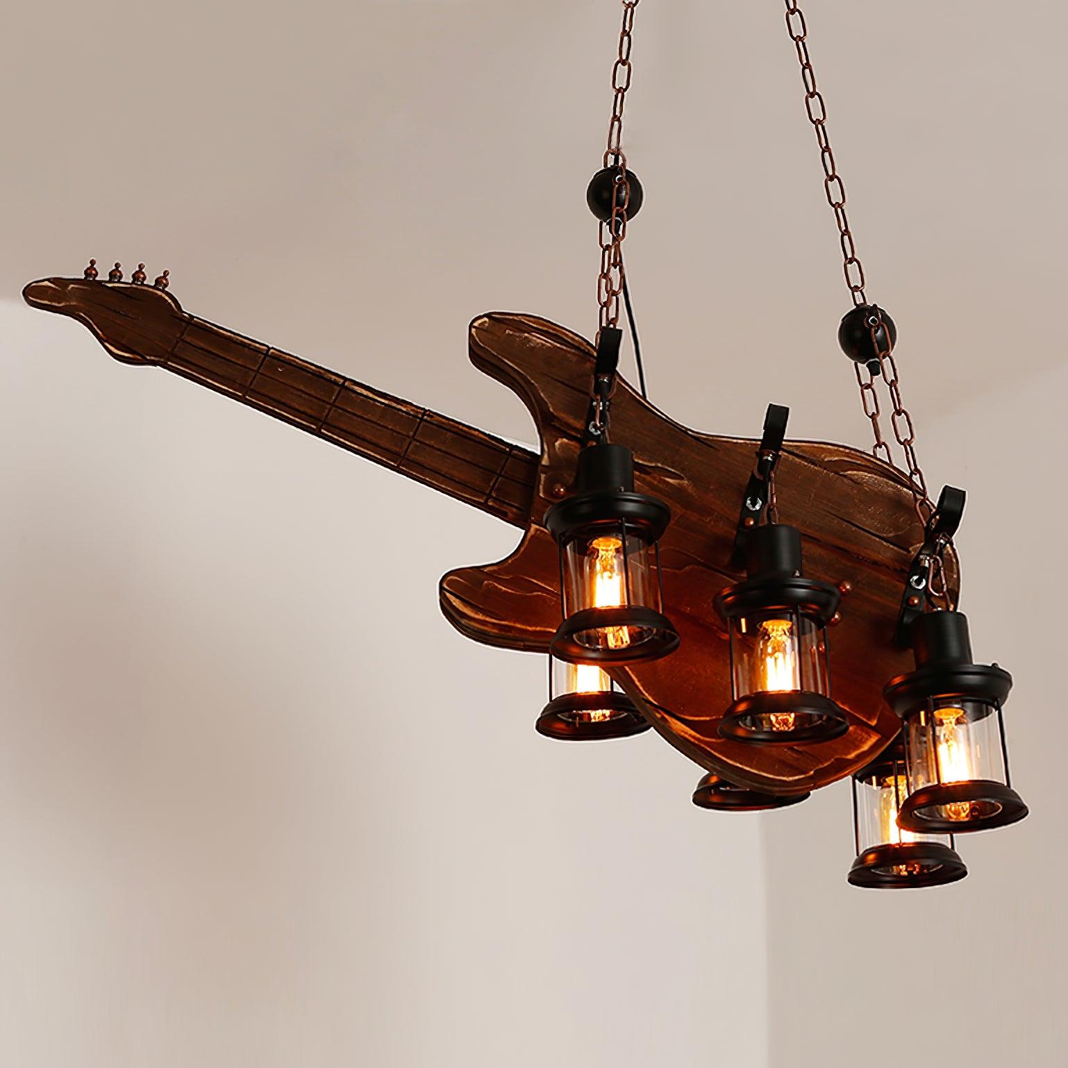 Vintage Guitar Pendant Light Rustic Wood and Glass Ceiling Hanging Lamp