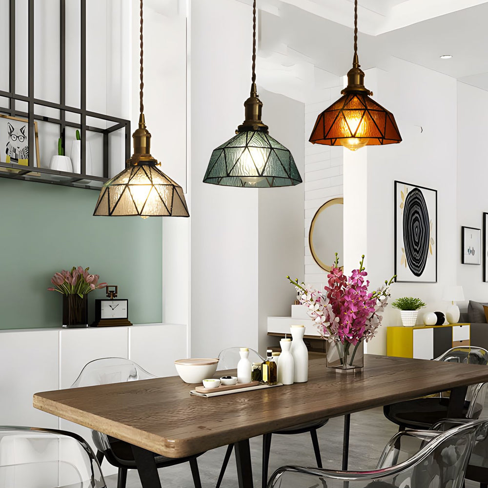 Vintage Handcrafted Stained Glass Cone Pendant Light Copper Gold Ceiling Hanging Lamp