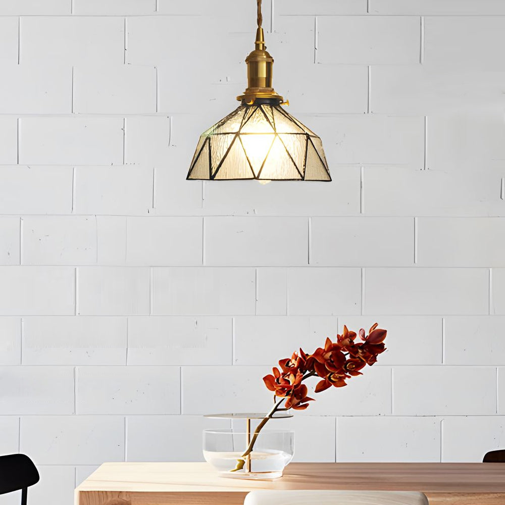 Vintage Handcrafted Stained Glass Cone Pendant Light Copper Gold Ceiling Hanging Lamp